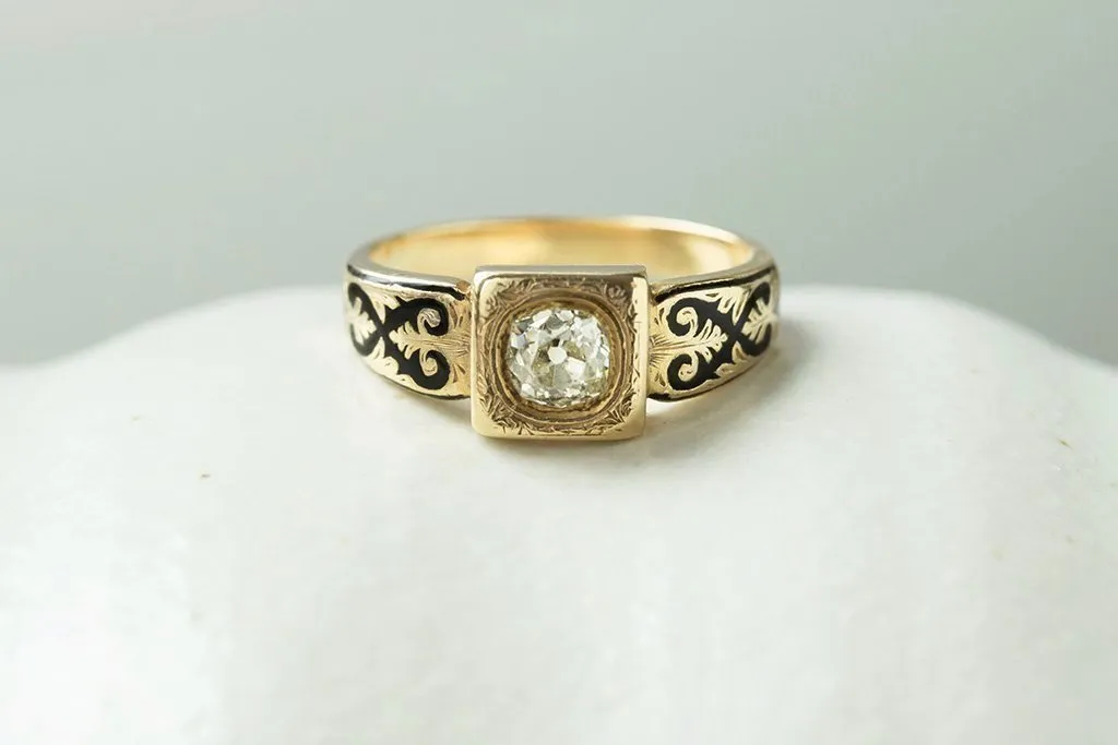 Victorian Diamond Black Enamel Mourning Ring