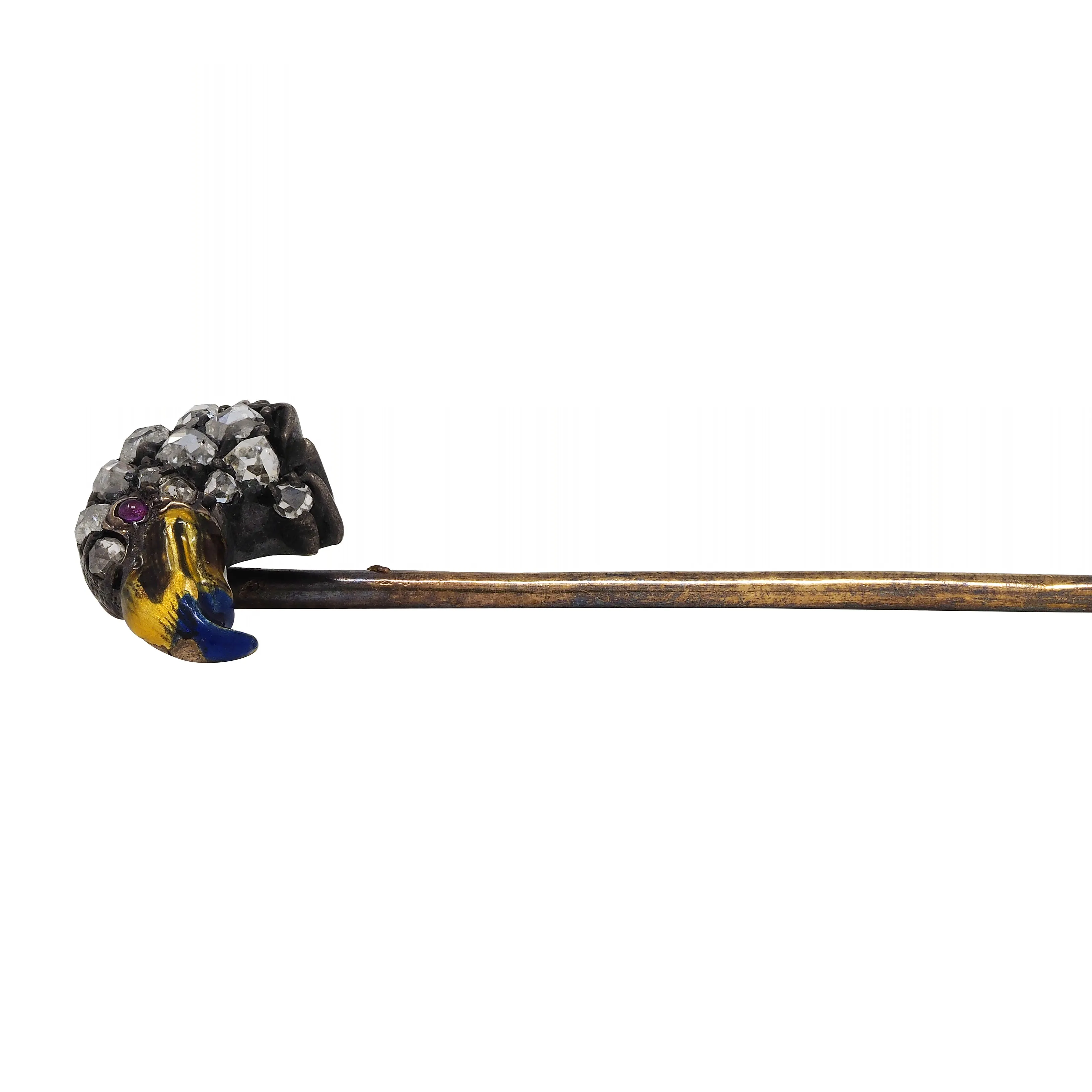 Victorian Diamond Ruby Enamel Silver 14 Karat Gold Eagle Antique Stickpin