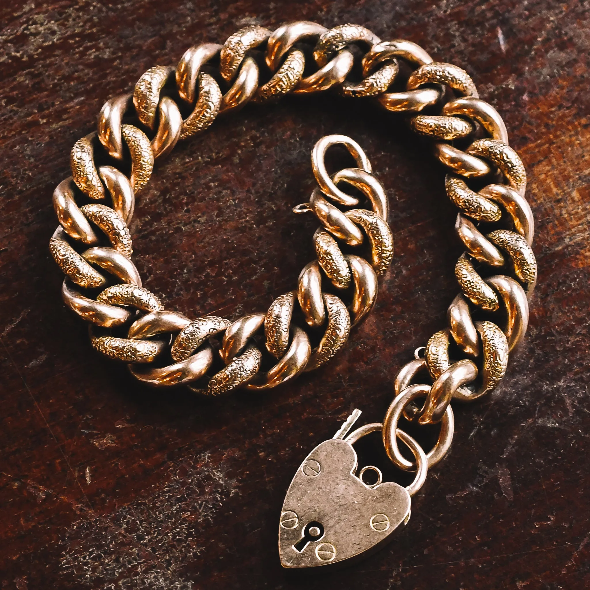 Victorian Gold Curb-Link Bracelet with Heart Padlock