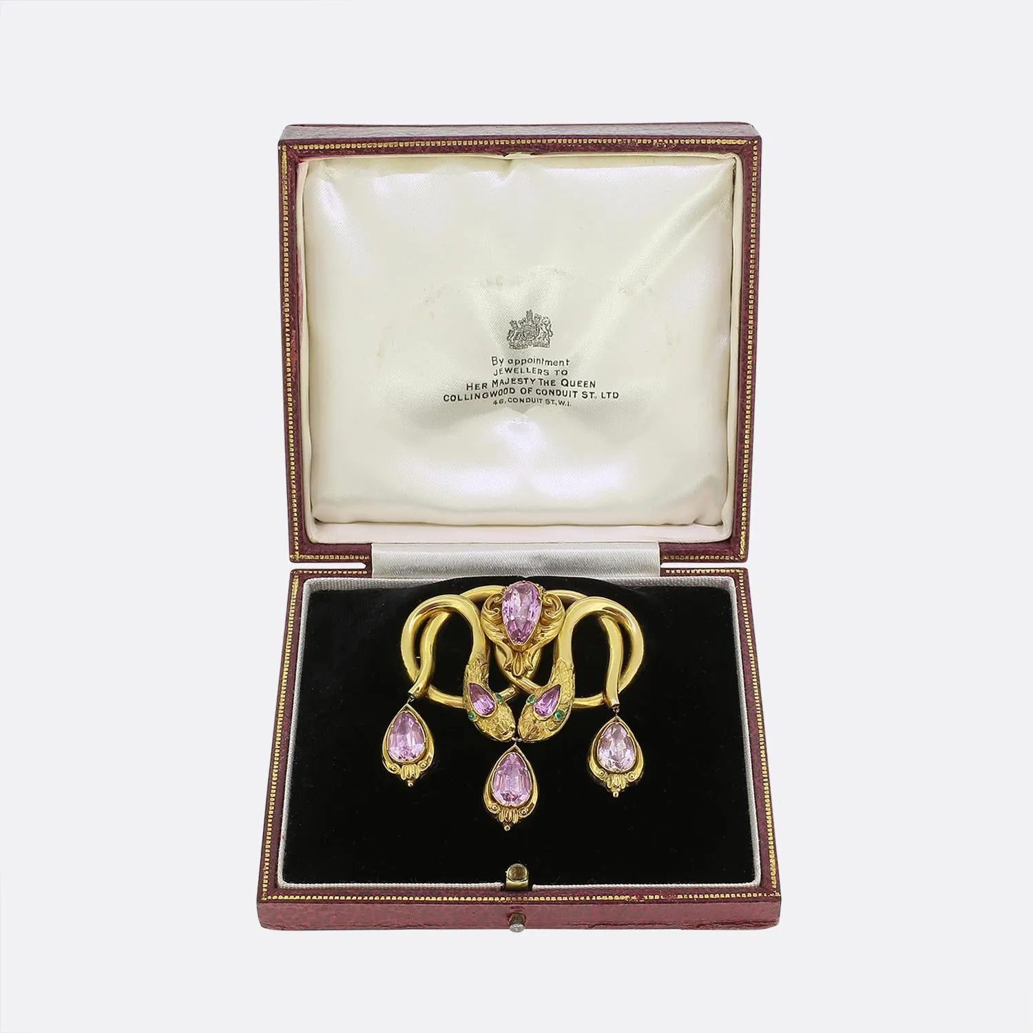 Victorian Pink Topaz and Emerald Double Snake Brooch