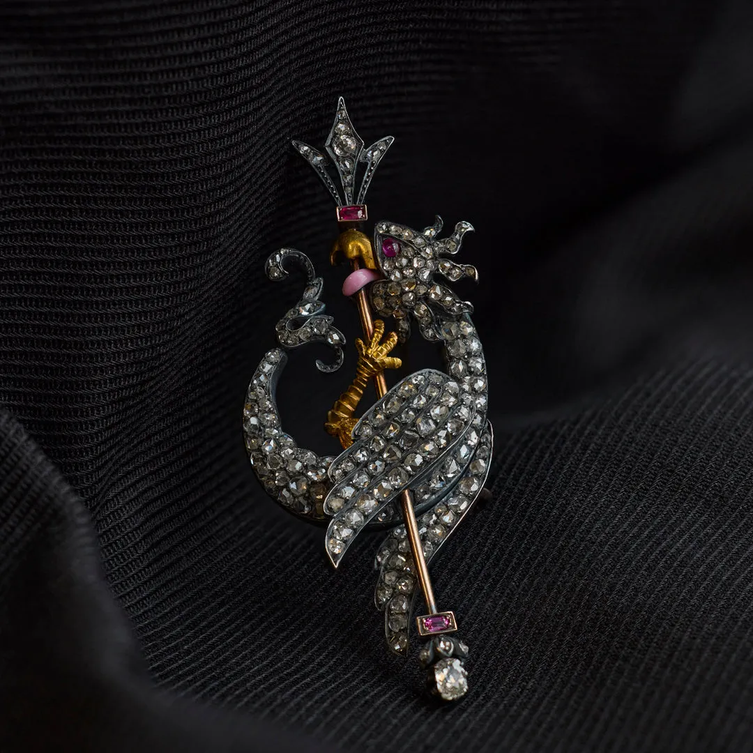 Victorian Ruby Diamond and Enamel Cockatrice Brooch