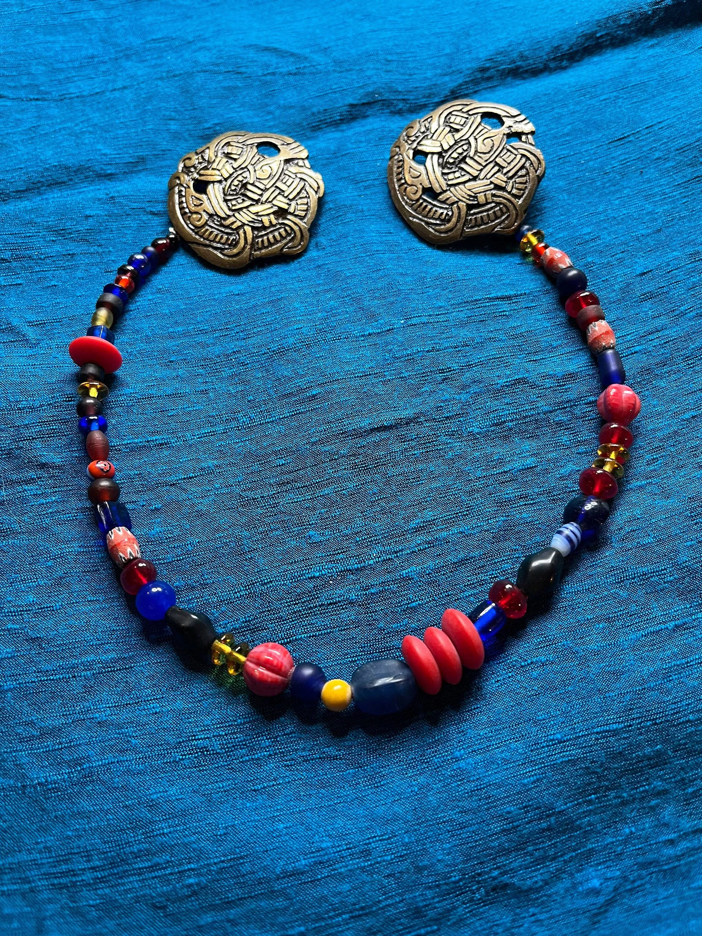 Viking Woman's Brooch and Beaded Necklace Set (Blue and Mauve)