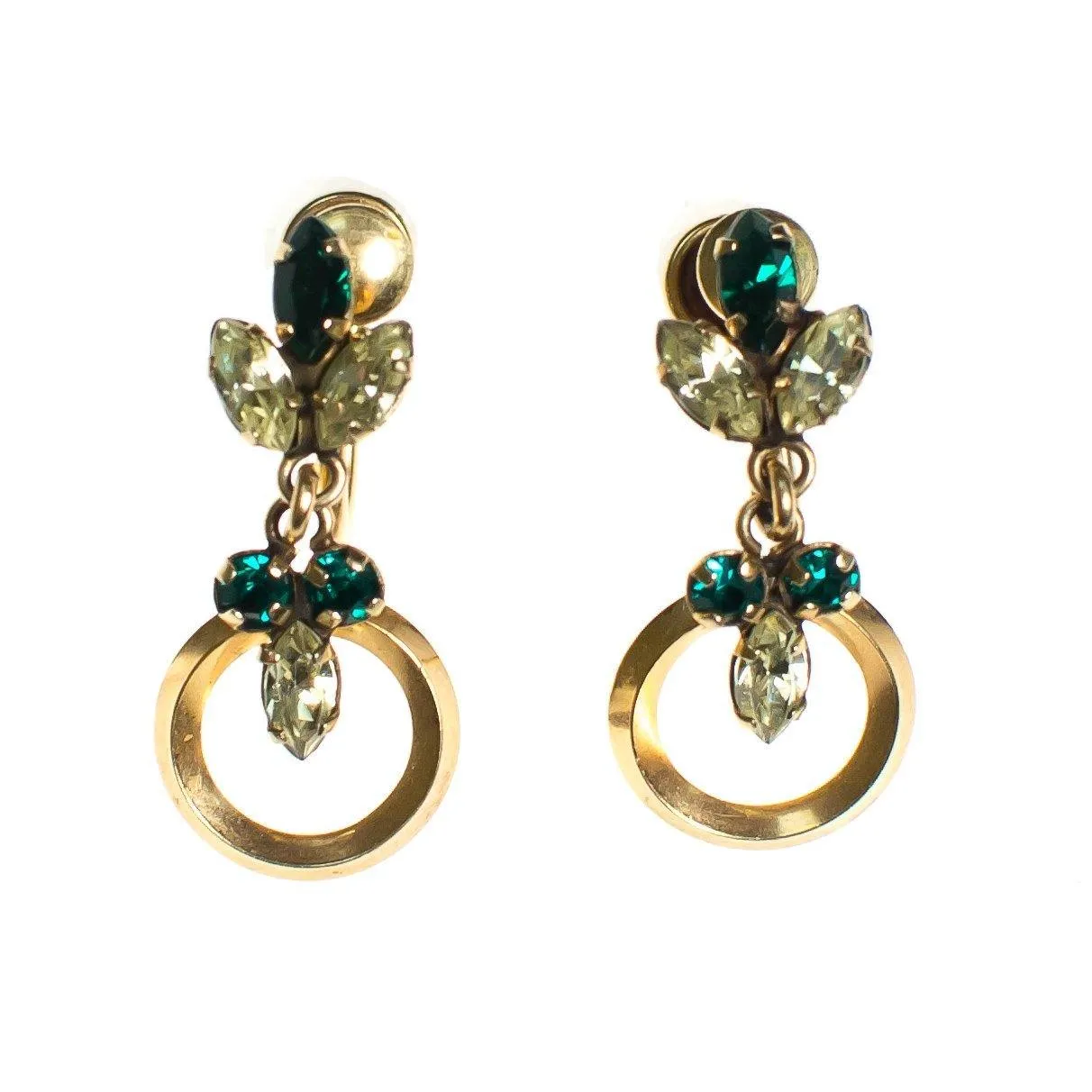 Vintage 1940s Star Art 1/20 12kt Gold Filled Emerald Crystal and Yellow Rhinestone Dangling Drop Earrings, Screw Back