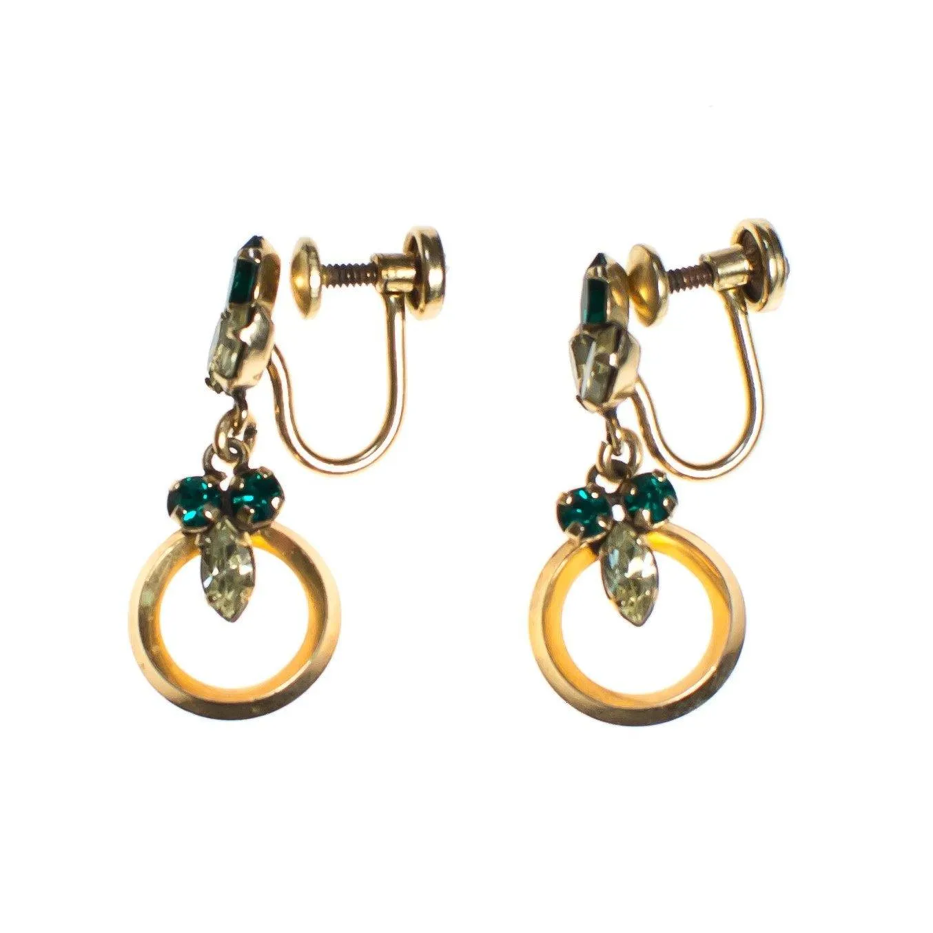 Vintage 1940s Star Art 1/20 12kt Gold Filled Emerald Crystal and Yellow Rhinestone Dangling Drop Earrings, Screw Back