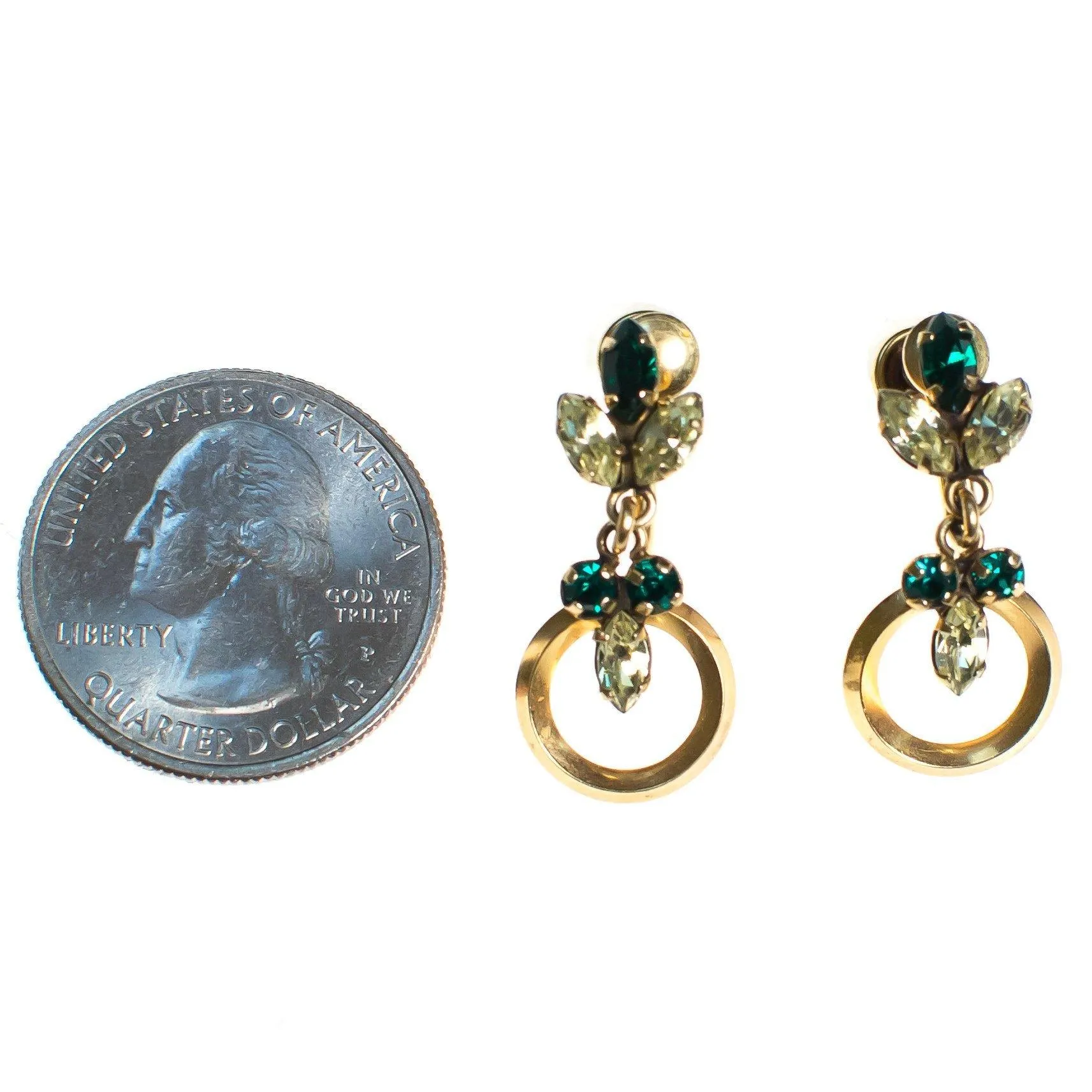 Vintage 1940s Star Art 1/20 12kt Gold Filled Emerald Crystal and Yellow Rhinestone Dangling Drop Earrings, Screw Back