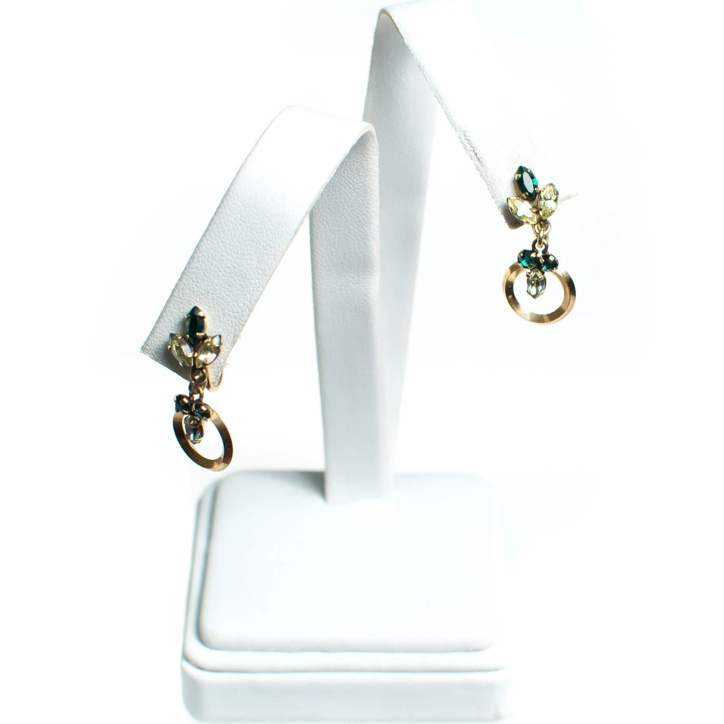 Vintage 1940s Star Art 1/20 12kt Gold Filled Emerald Crystal and Yellow Rhinestone Dangling Drop Earrings, Screw Back