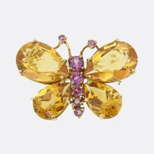 Vintage Citrine and Pink Sapphire Butterfly Brooch