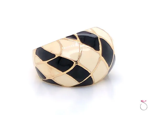Vintage Designer MAZ Large Black and White Enamel Ring in 14k Yellow Gold
