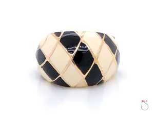 Vintage Designer MAZ Large Black and White Enamel Ring in 14k Yellow Gold