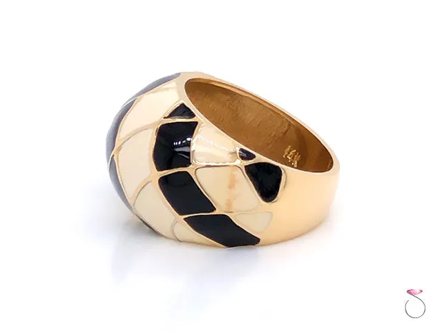 Vintage Designer MAZ Large Black and White Enamel Ring in 14k Yellow Gold