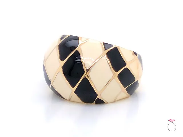Vintage Designer MAZ Large Black and White Enamel Ring in 14k Yellow Gold