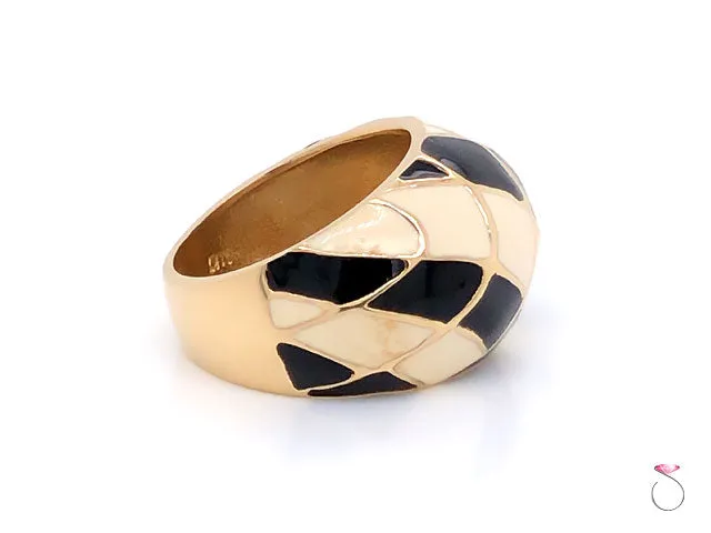 Vintage Designer MAZ Large Black and White Enamel Ring in 14k Yellow Gold