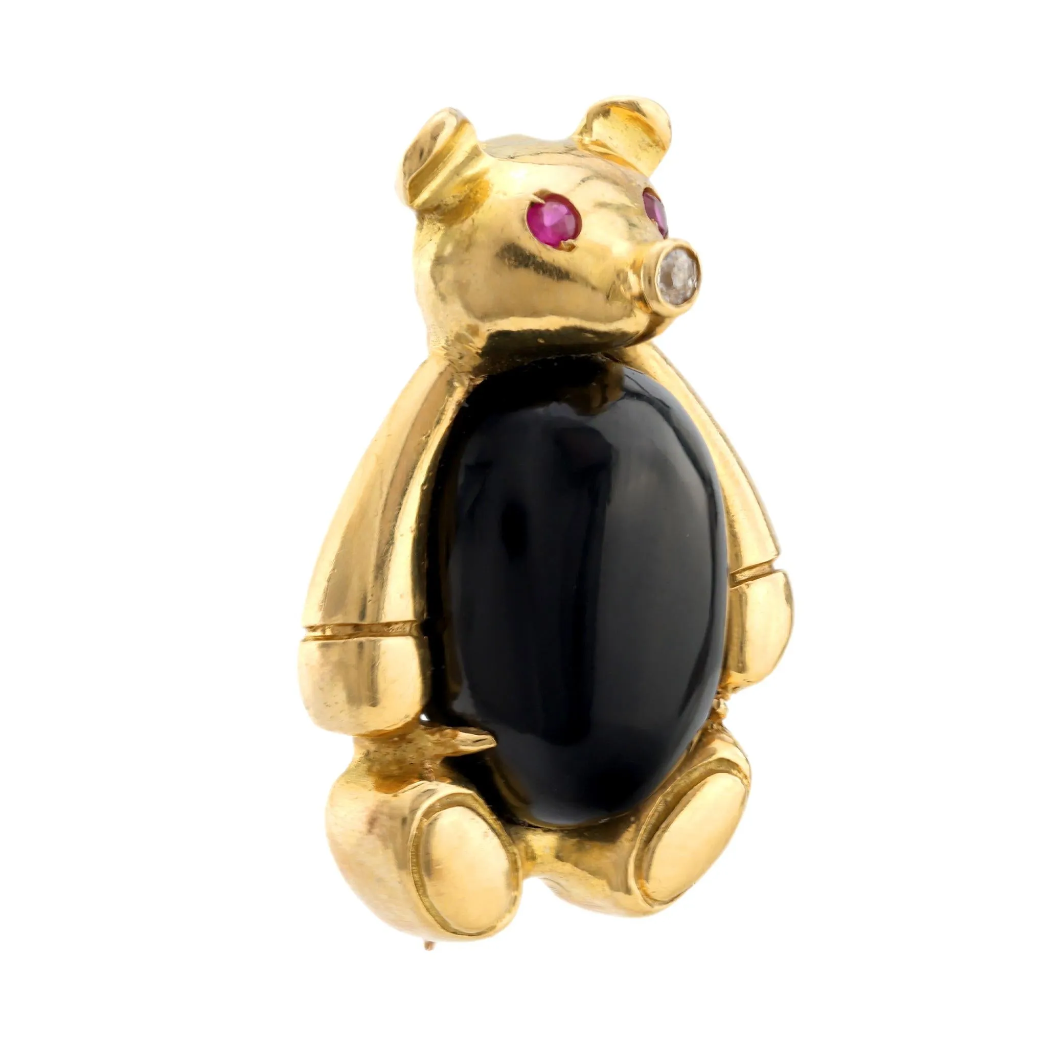 Vintage diamond ruby onyx 18k yellow gold Teddy bear brooch