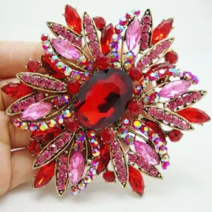 Vintage Elegant Flower Gold Tone Large Brooch Pin Red Rhinestone Crystal
