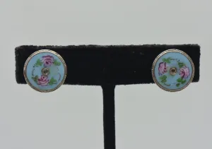 Vintage Enamel Floral Rhinestone Screw Back Earrings - AS IS