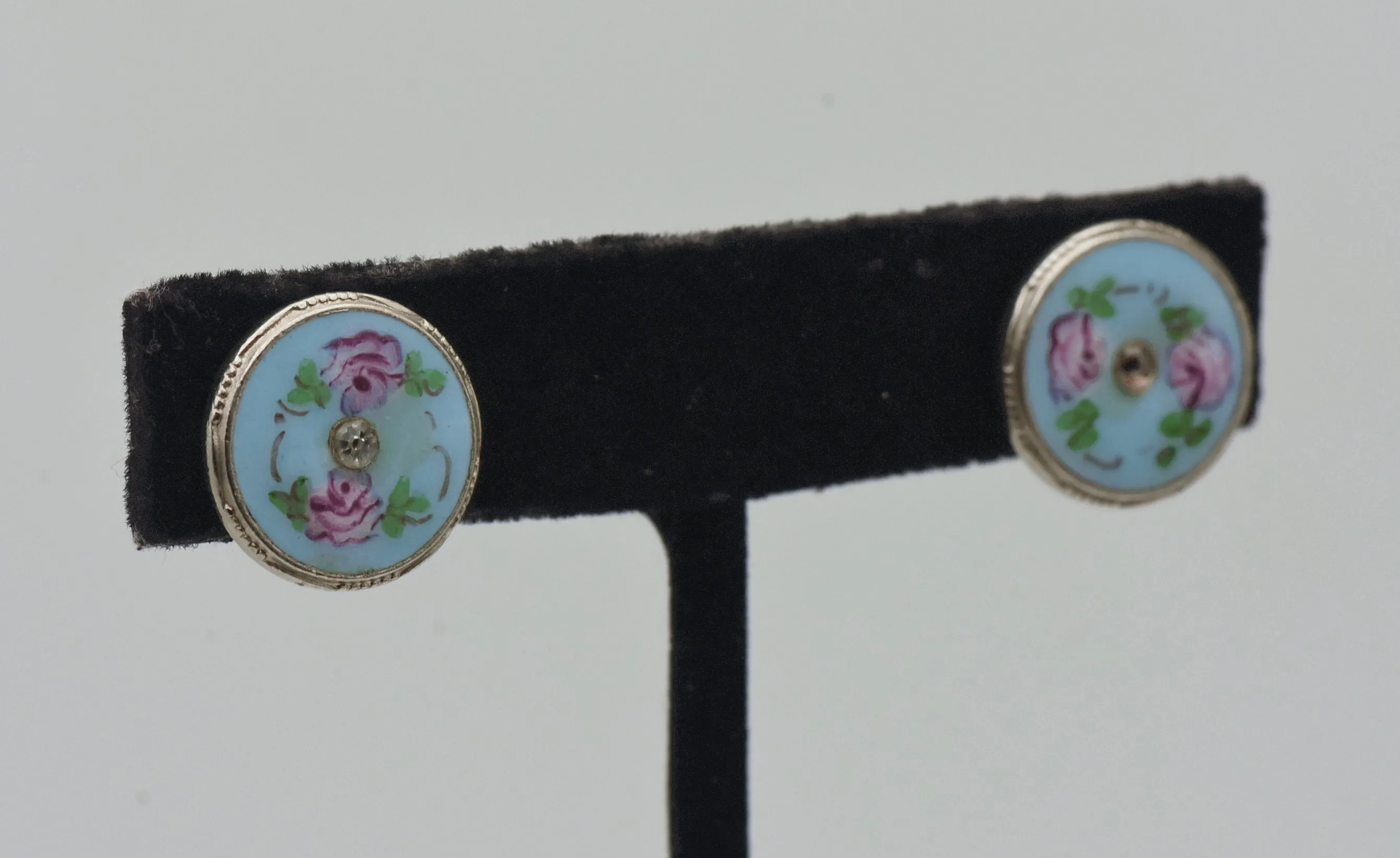 Vintage Enamel Floral Rhinestone Screw Back Earrings - AS IS