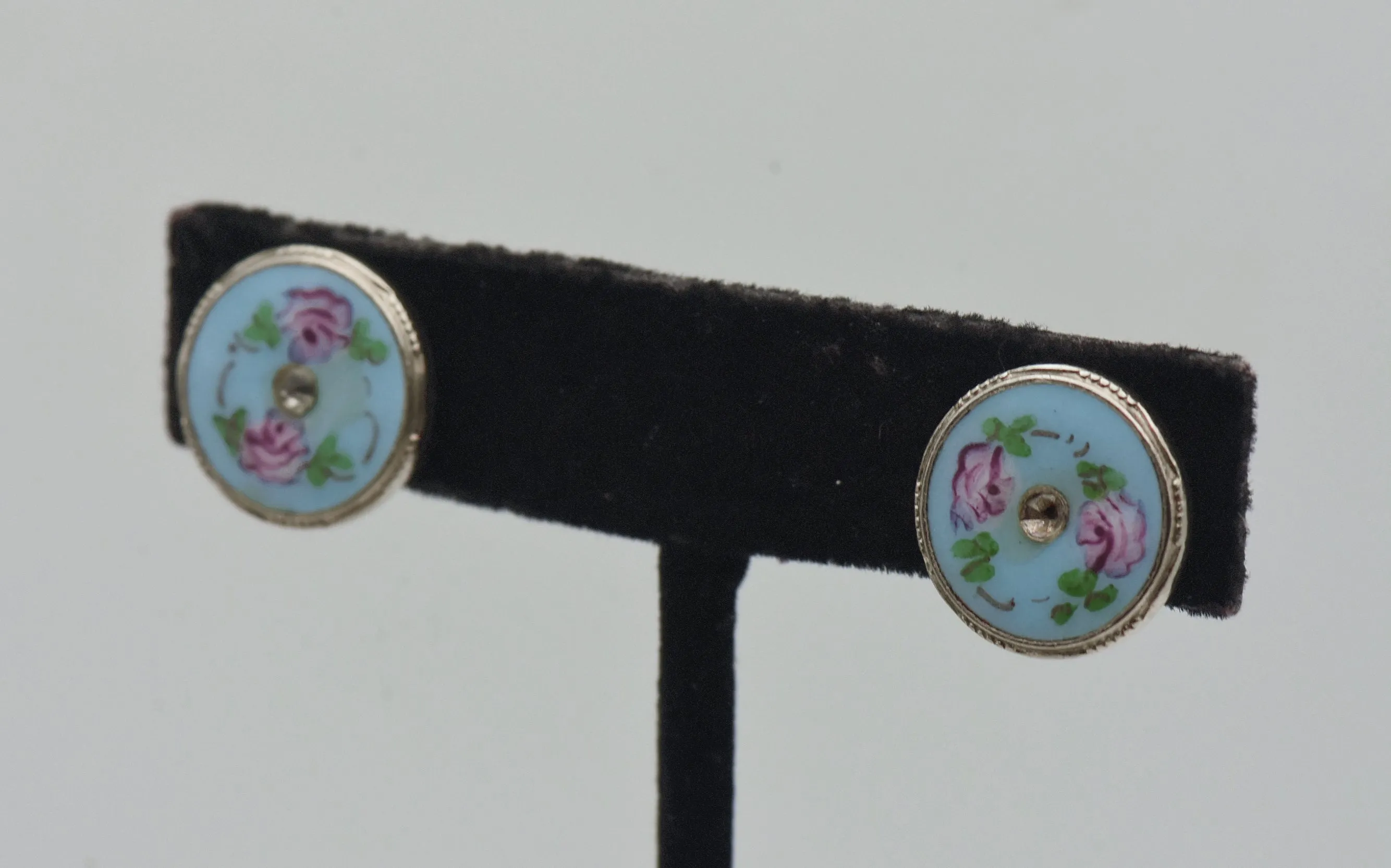 Vintage Enamel Floral Rhinestone Screw Back Earrings - AS IS
