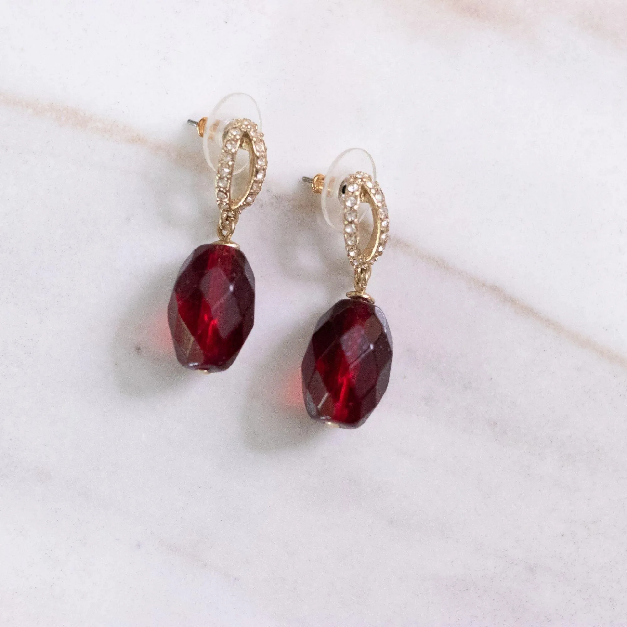 Vintage Faceted Cranberry Crystal and Rhinestone Dangling Earrings