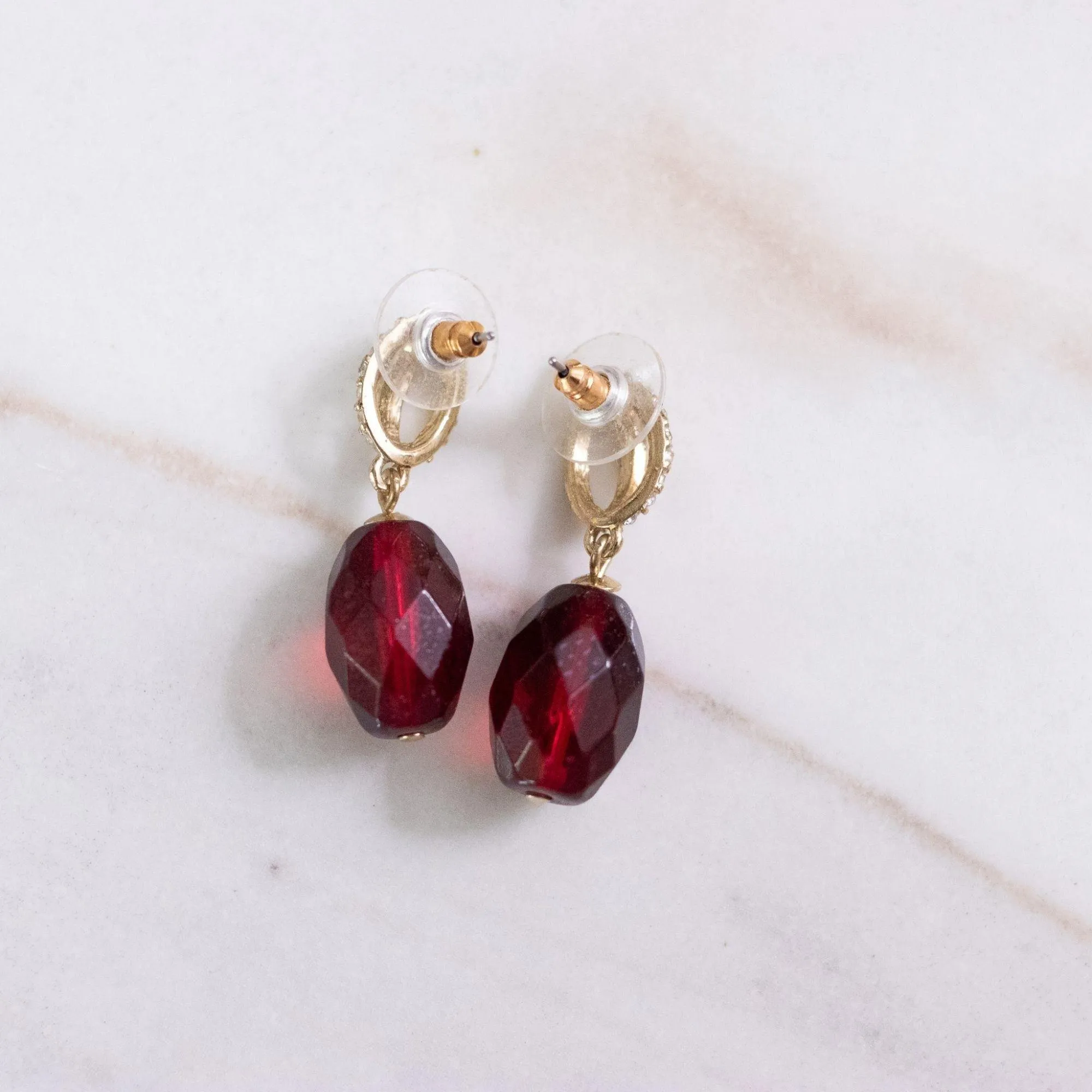 Vintage Faceted Cranberry Crystal and Rhinestone Dangling Earrings