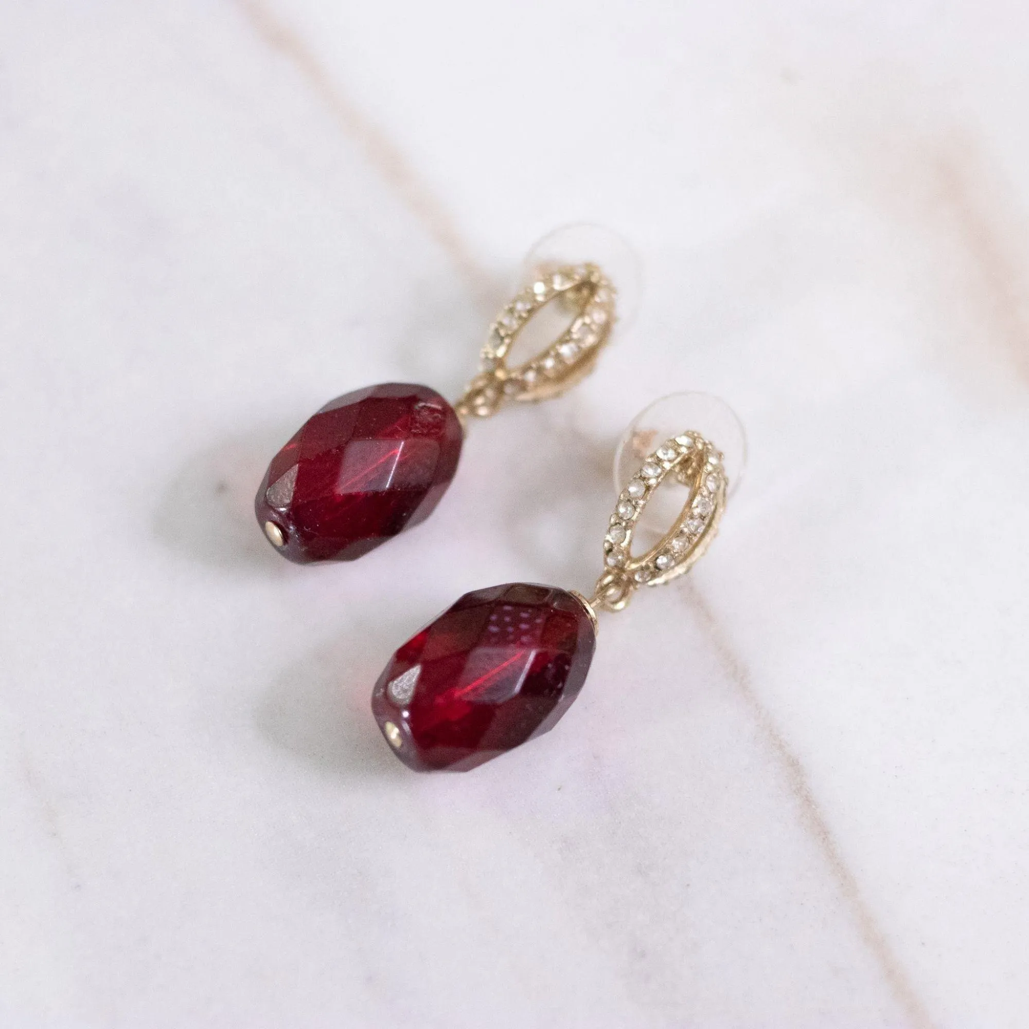 Vintage Faceted Cranberry Crystal and Rhinestone Dangling Earrings