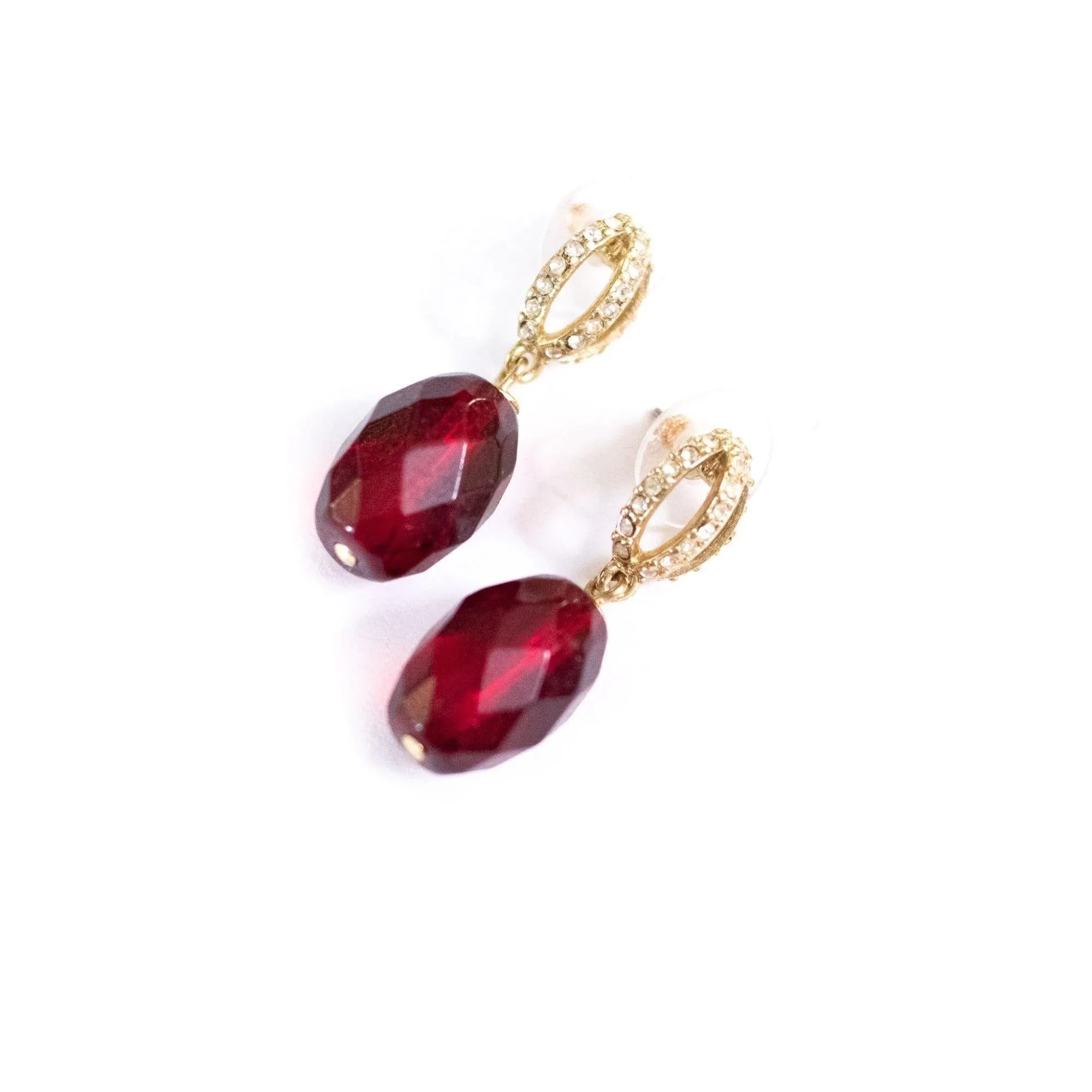 Vintage Faceted Cranberry Crystal and Rhinestone Dangling Earrings
