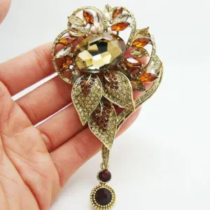 Vintage Flower Pendant Brown Crystal Rhinestone Gold Tone Brooch Pin