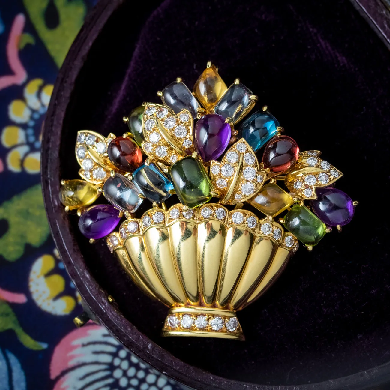 Vintage Gemstone Giardinetti Flower Brooch 18ct Gold