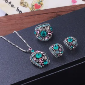Vintage Gold / Silver Color Jewelry Sets Green Crystal Necklace Stud Earrings Ring Set