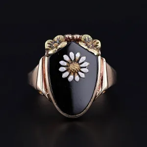 Vintage Onyx and Enamel Daisy Ring of 10k Gold