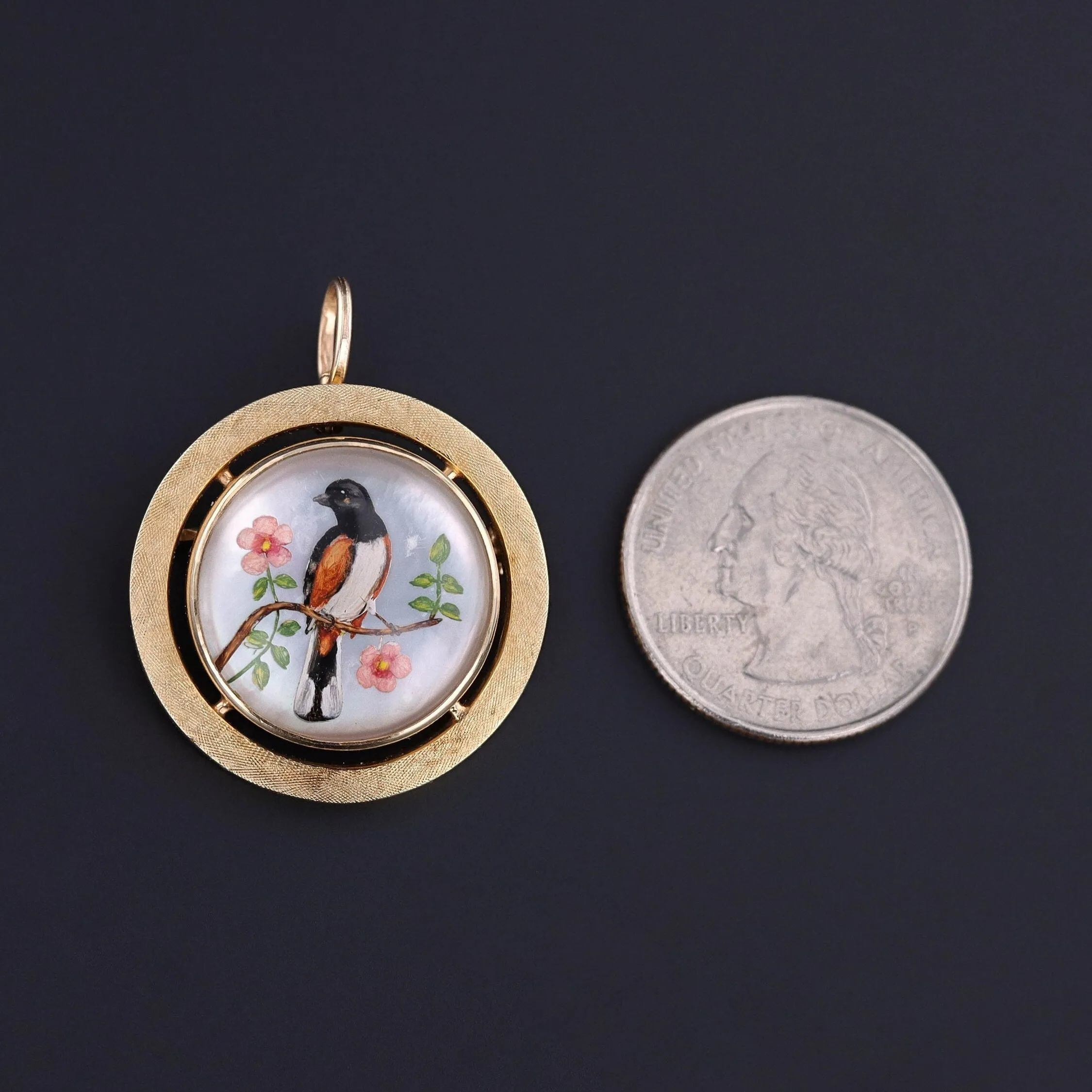Vintage Reverse Carved & Painted Rock Crystal Bird Pendant Brooch of 14k Gold