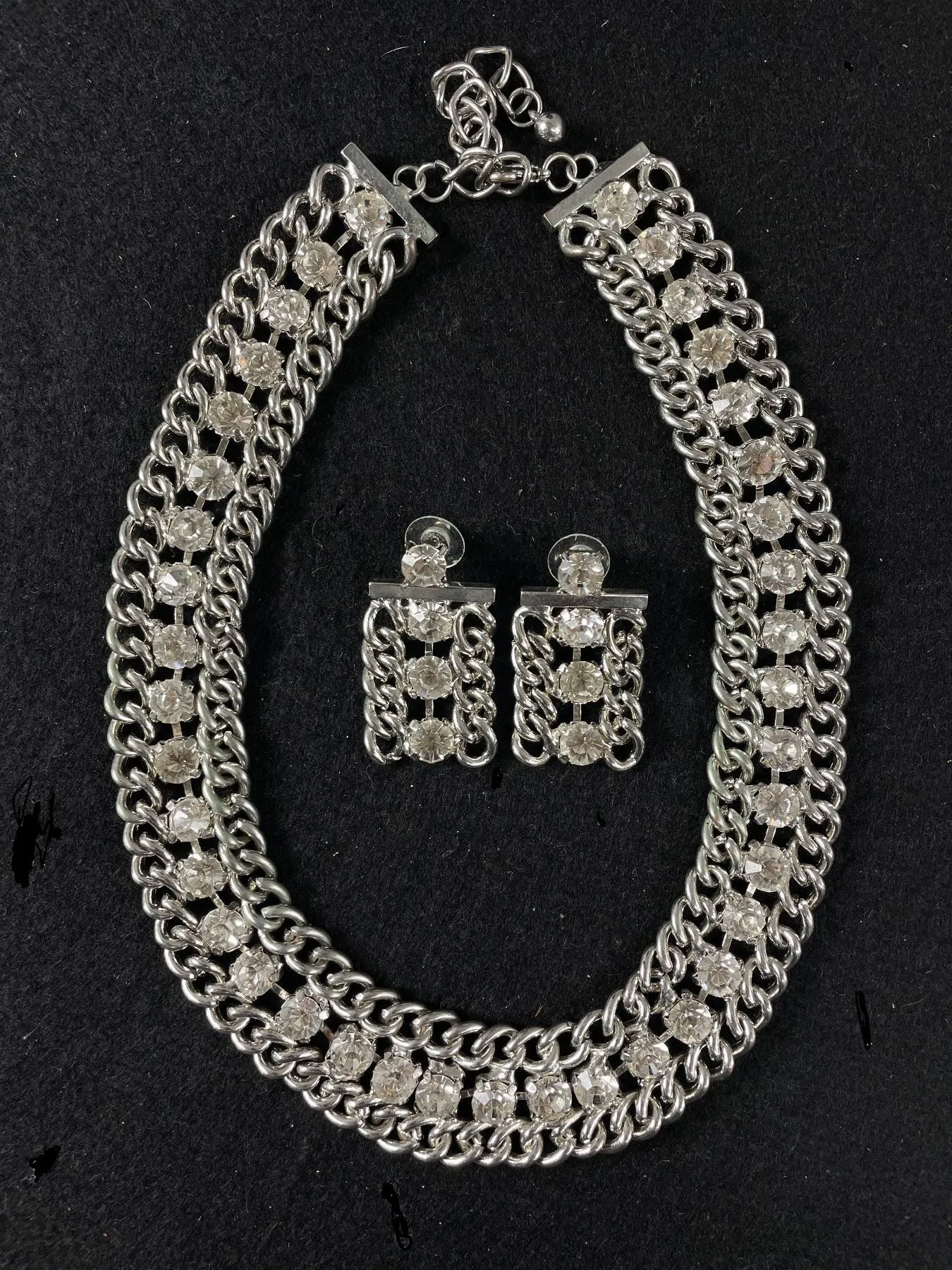 Vintage Rhinestone Silvertone Necklace Earrings Set