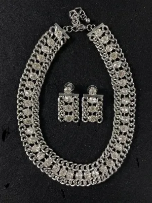 Vintage Rhinestone Silvertone Necklace Earrings Set