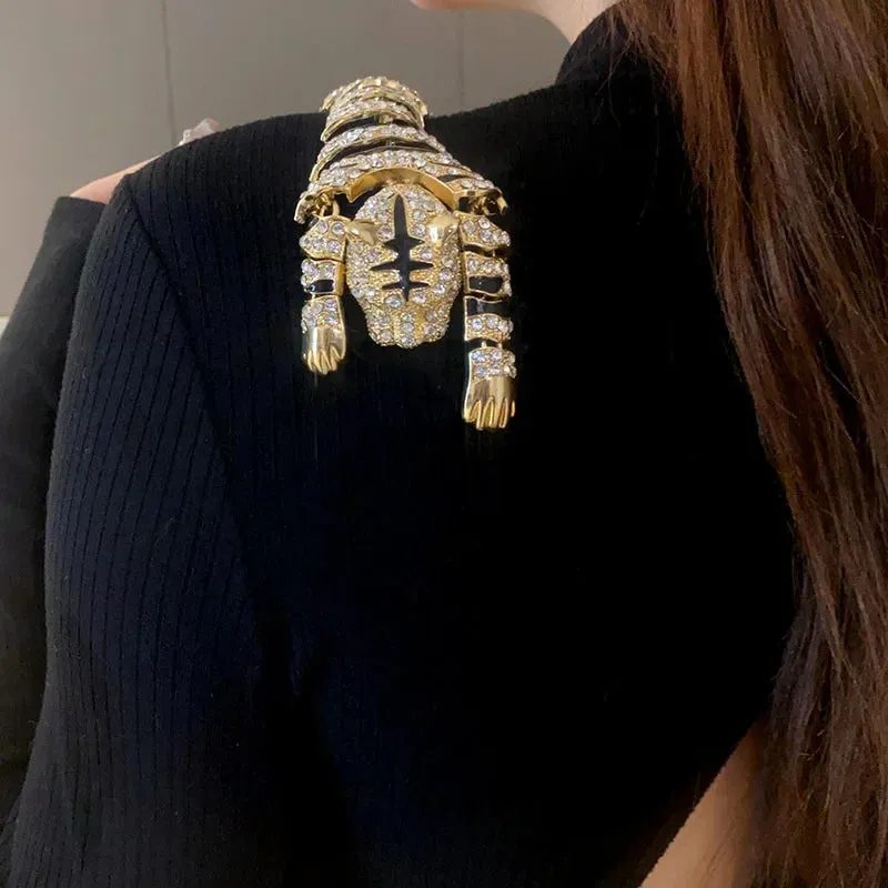 Vintage Rhinestones Crouching Tiger Figure Brooches