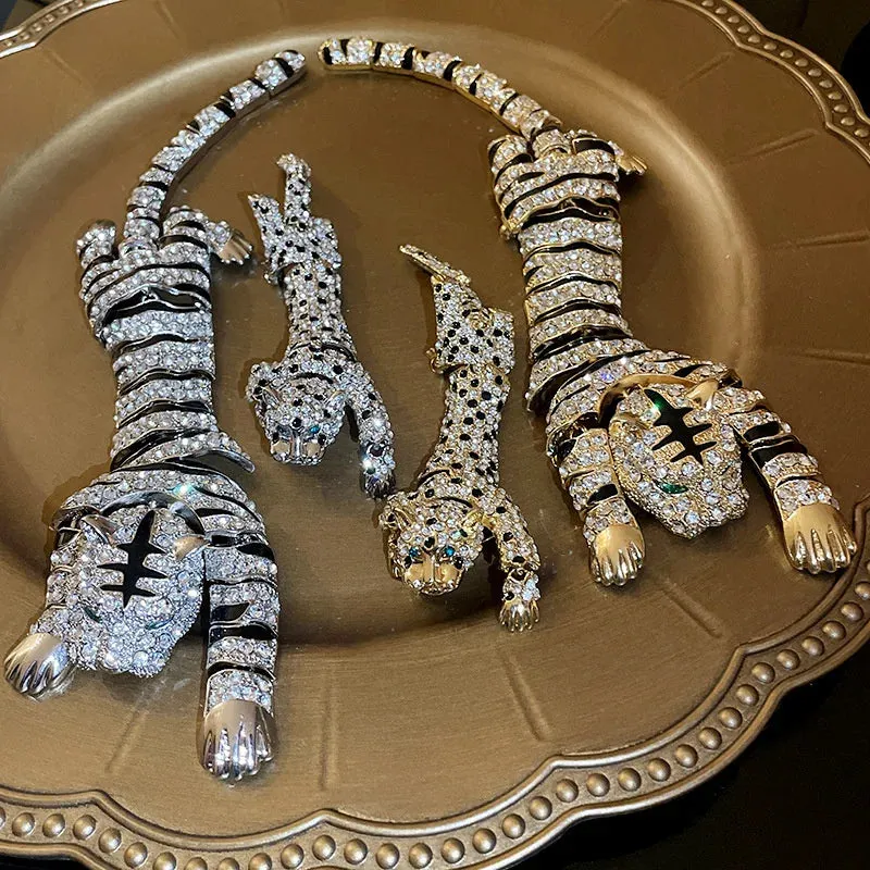 Vintage Rhinestones Crouching Tiger Figure Brooches