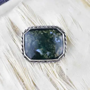 Vintage Silver Rope Dendritic Moss Agate Brooch