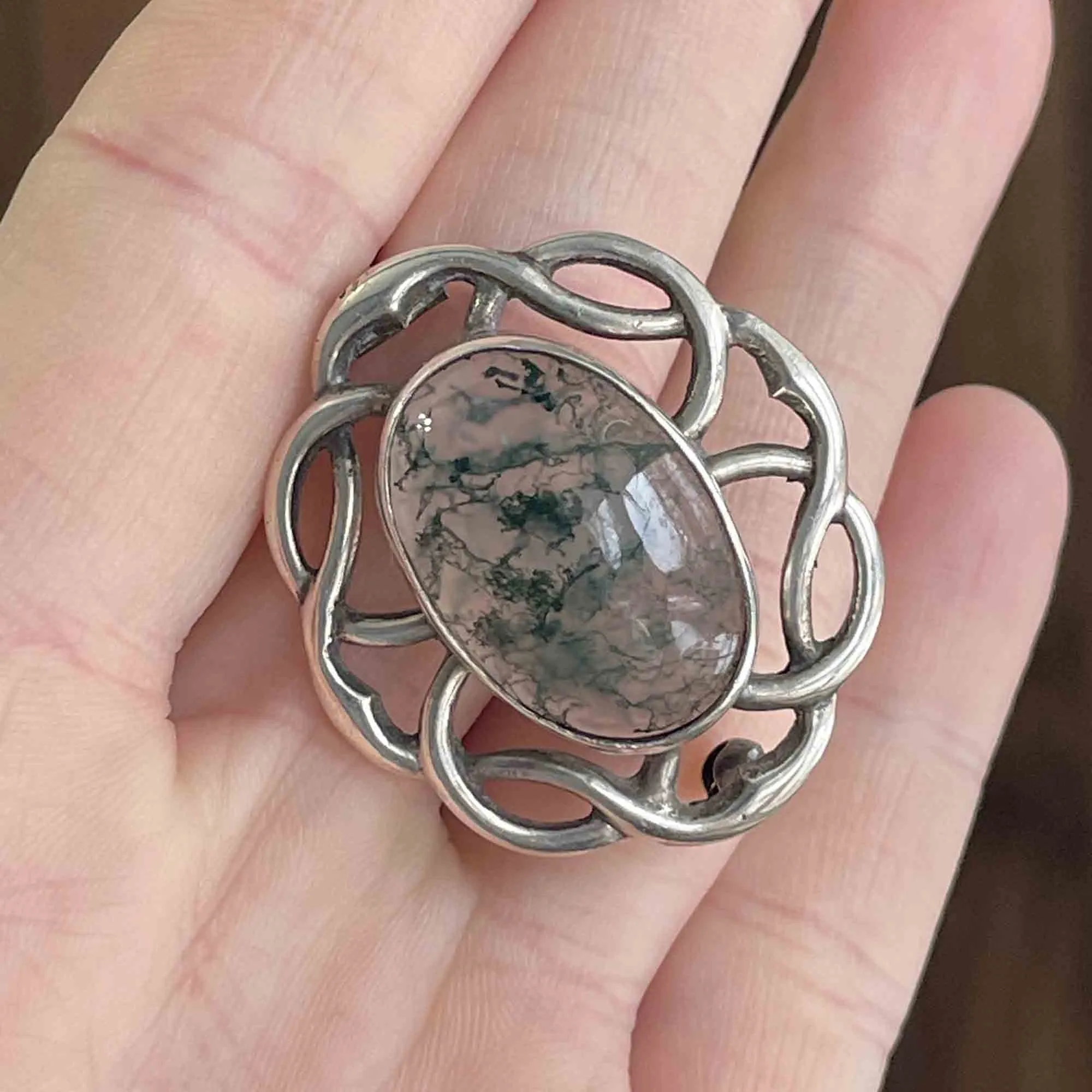 Vintage Silver Scottish Moss Agate Brooch