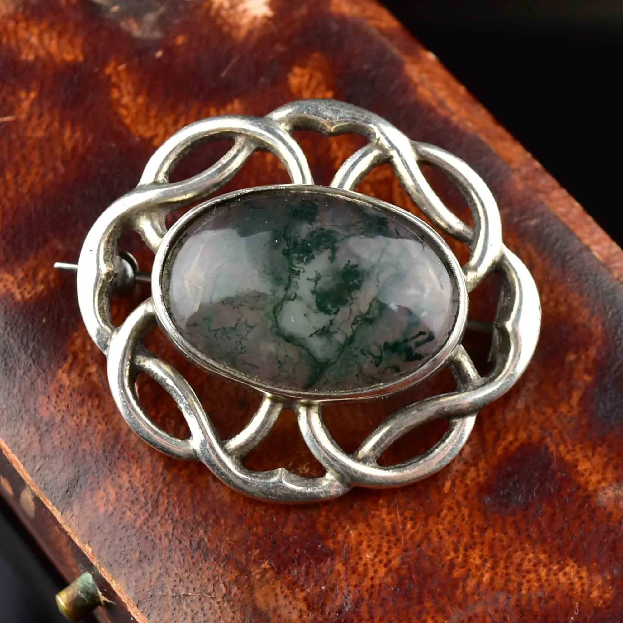 Vintage Silver Scottish Moss Agate Brooch