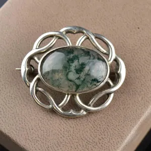 Vintage Silver Scottish Moss Agate Brooch