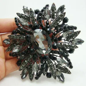 Vintage Style Black Brooch Pin Jewelry Black Flower Large Rhinestone