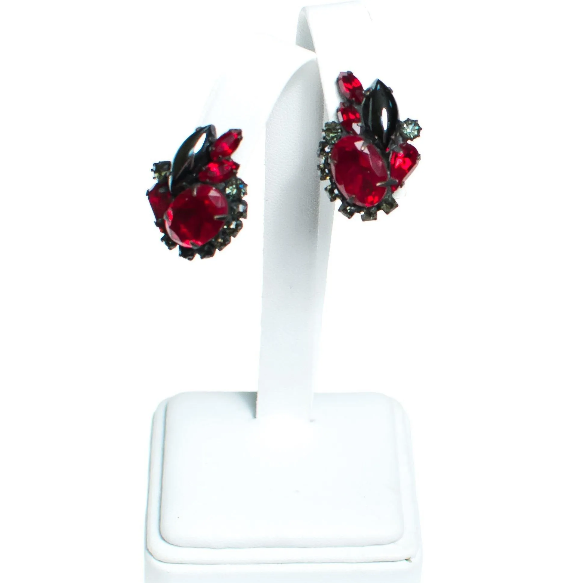 Vintage Weiss Hematite, Jet, and Red Rhinestone Statement Earrings