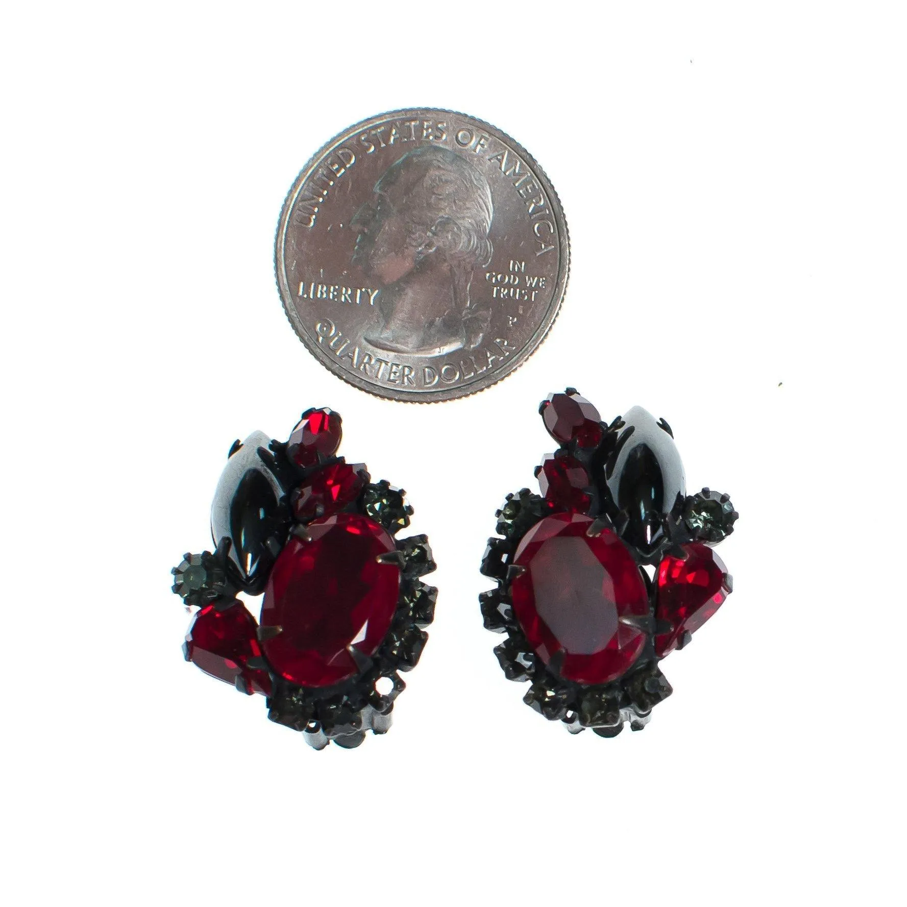Vintage Weiss Hematite, Jet, and Red Rhinestone Statement Earrings