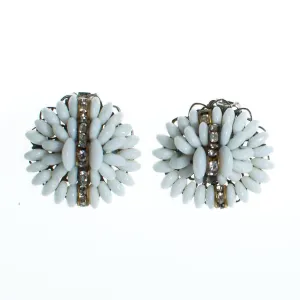 Vintage White Milk Glass Cluster Beaded and Rhinestone Rondelle Earrings, Clip On