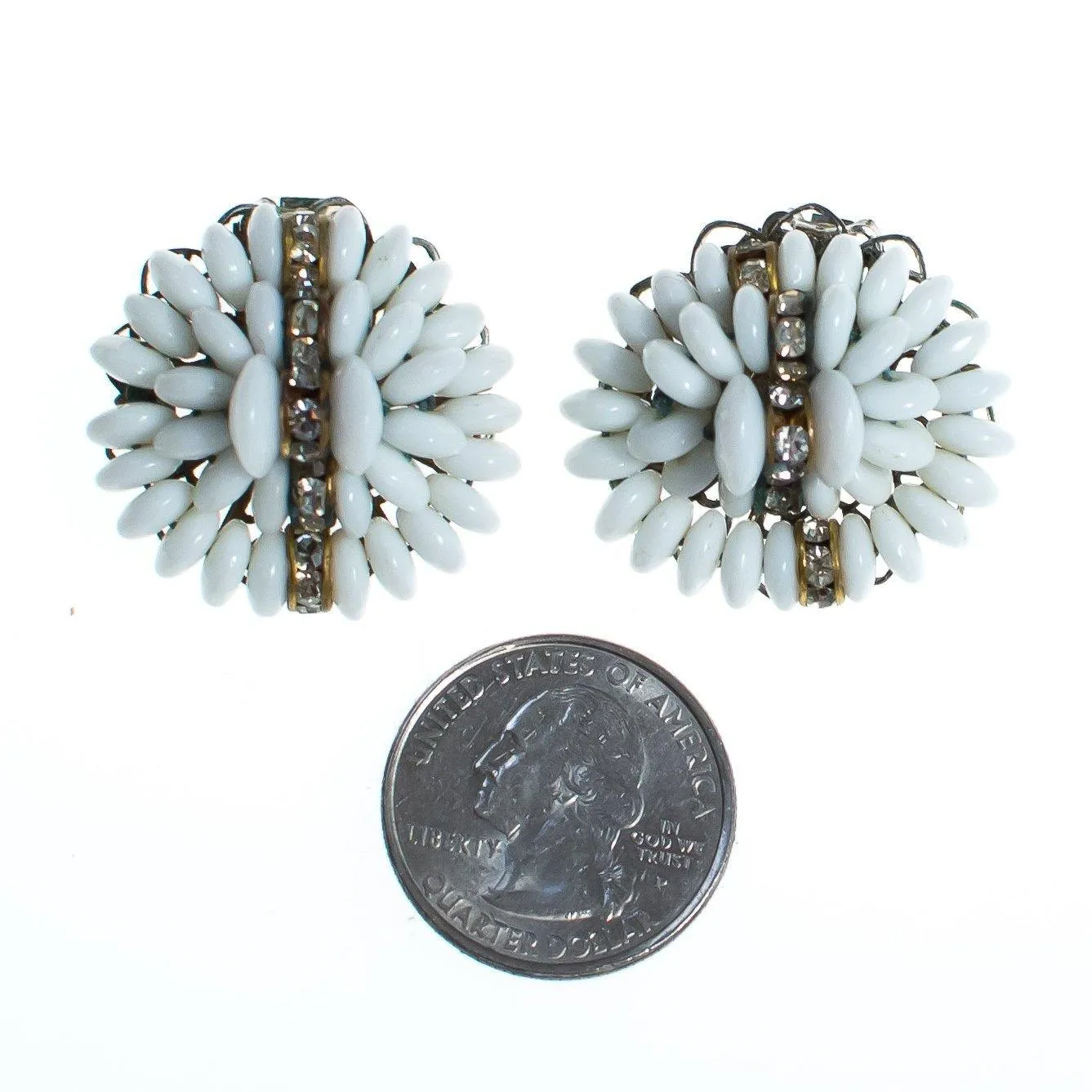 Vintage White Milk Glass Cluster Beaded and Rhinestone Rondelle Earrings, Clip On