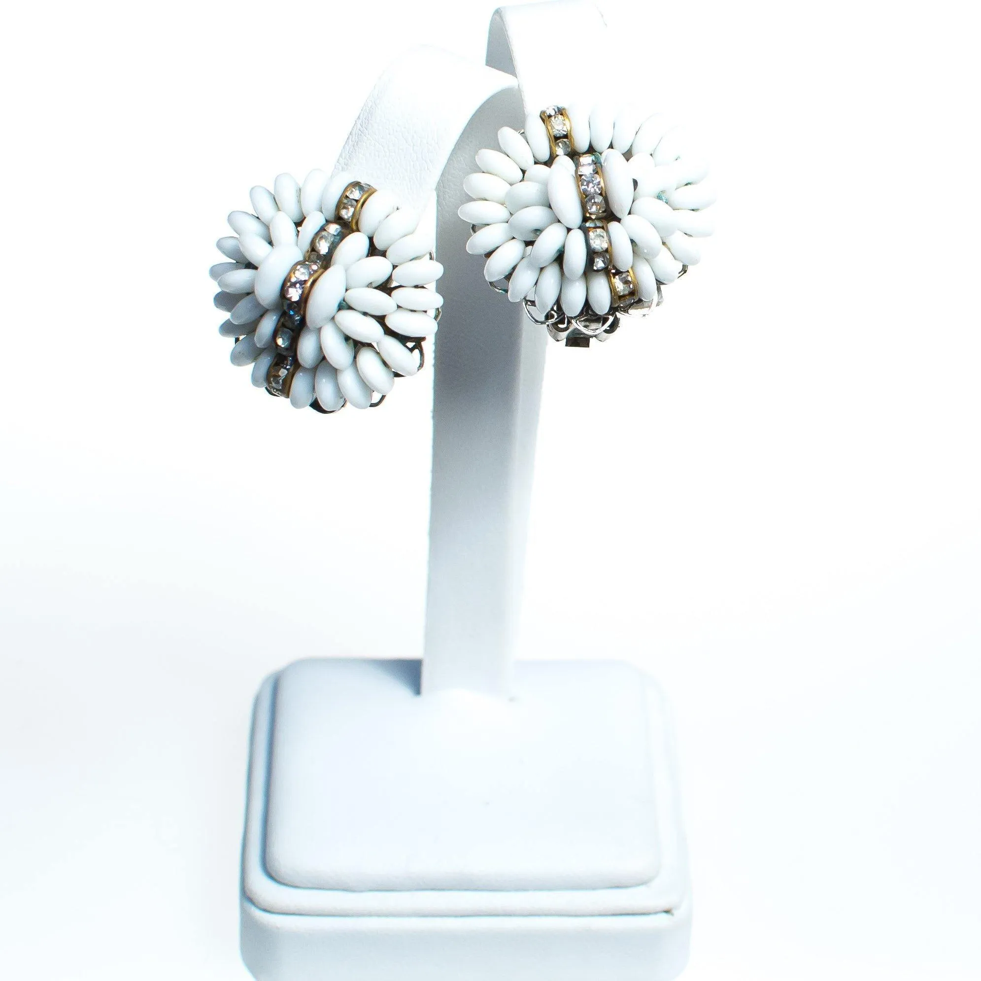 Vintage White Milk Glass Cluster Beaded and Rhinestone Rondelle Earrings, Clip On