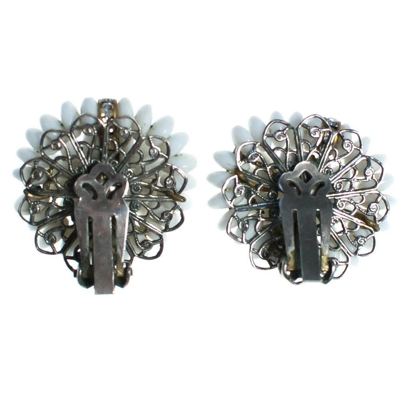 Vintage White Milk Glass Cluster Beaded and Rhinestone Rondelle Earrings, Clip On