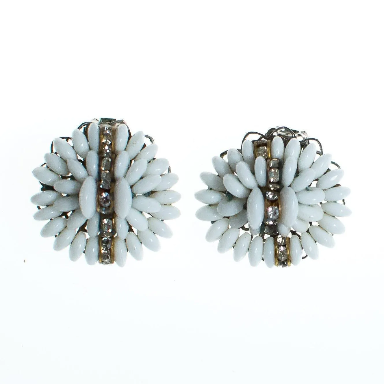 Vintage White Milk Glass Cluster Beaded and Rhinestone Rondelle Earrings, Clip On