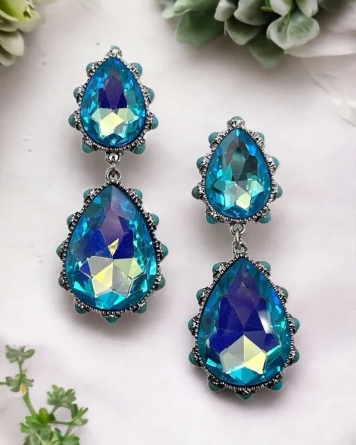 Western Rhinestone Double Teardrop Earring in Turquoise