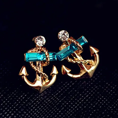 Women's Jewelry Crystal Rhinestone 9K Gold Plated Anchor Earring Studs
