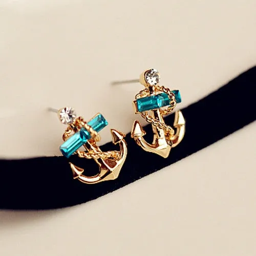 Women's Jewelry Crystal Rhinestone 9K Gold Plated Anchor Earring Studs
