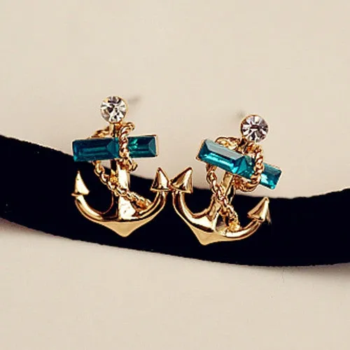 Women's Jewelry Crystal Rhinestone 9K Gold Plated Anchor Earring Studs